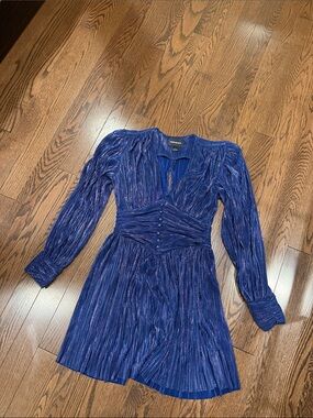 Sabina Musayev Metallic Navy Pleated V-Neck Long Sleeve Dress